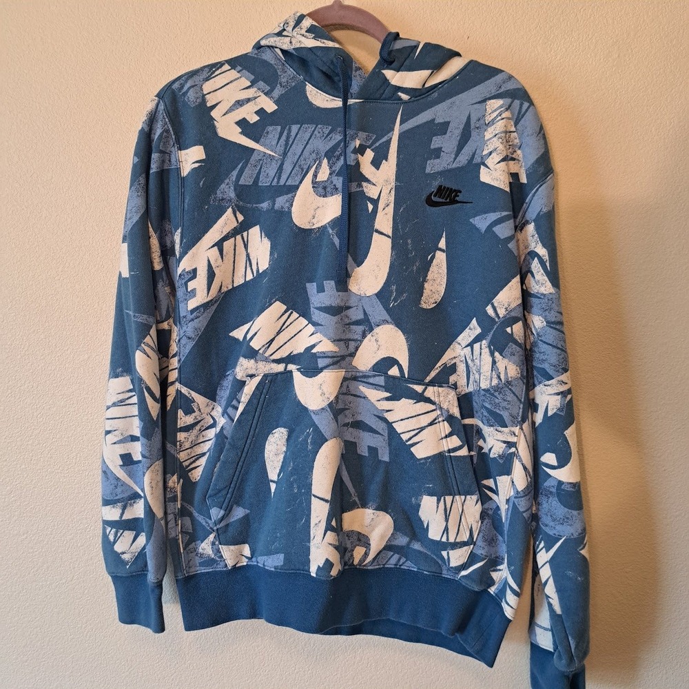 Nike‎ Mens Sportswear All Over Print Logo Hoodie Blue White Graphic Fleece Small